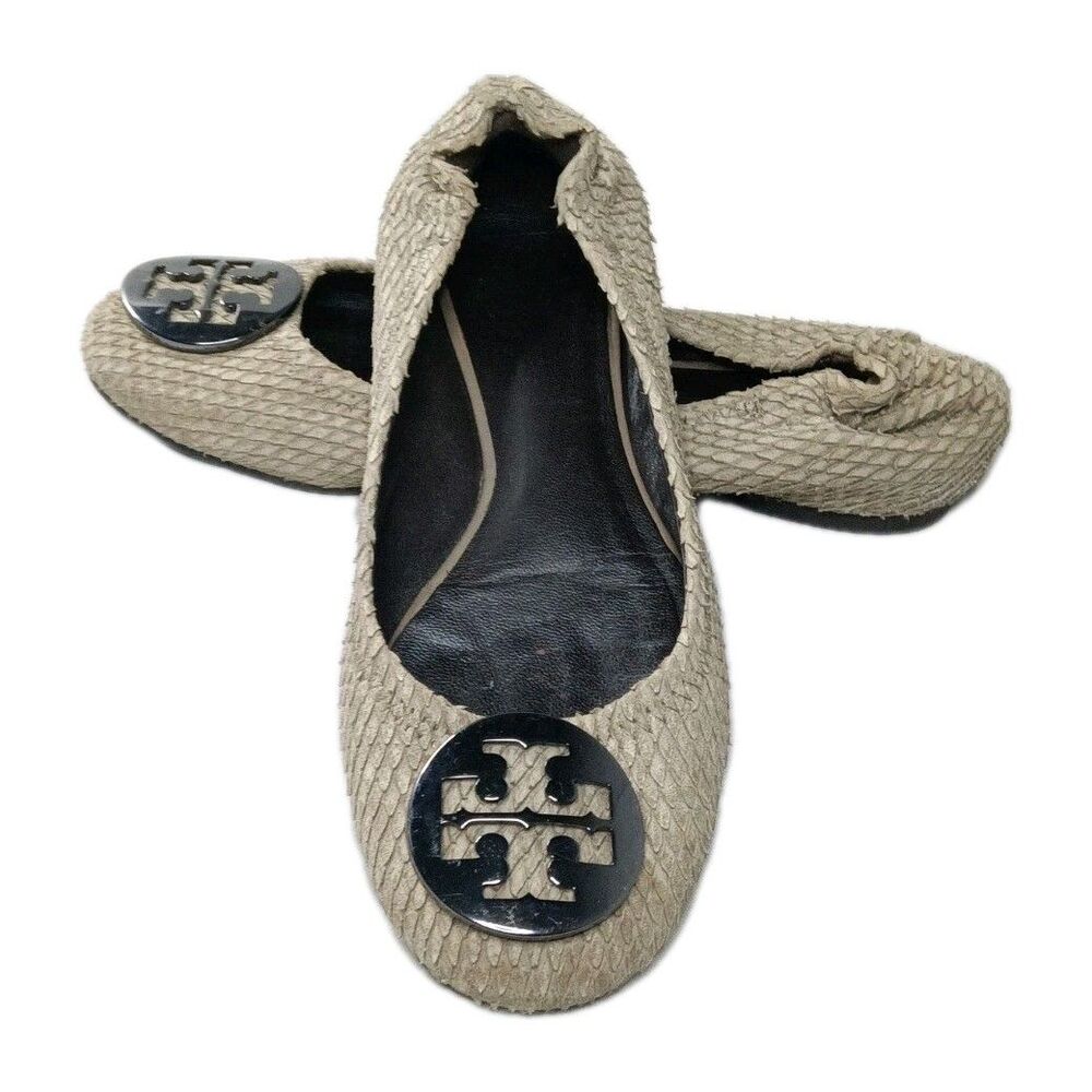 Tory Burch Reva Flats Shoes Women's Size 6.5 Gray Distress Leather  Python Print